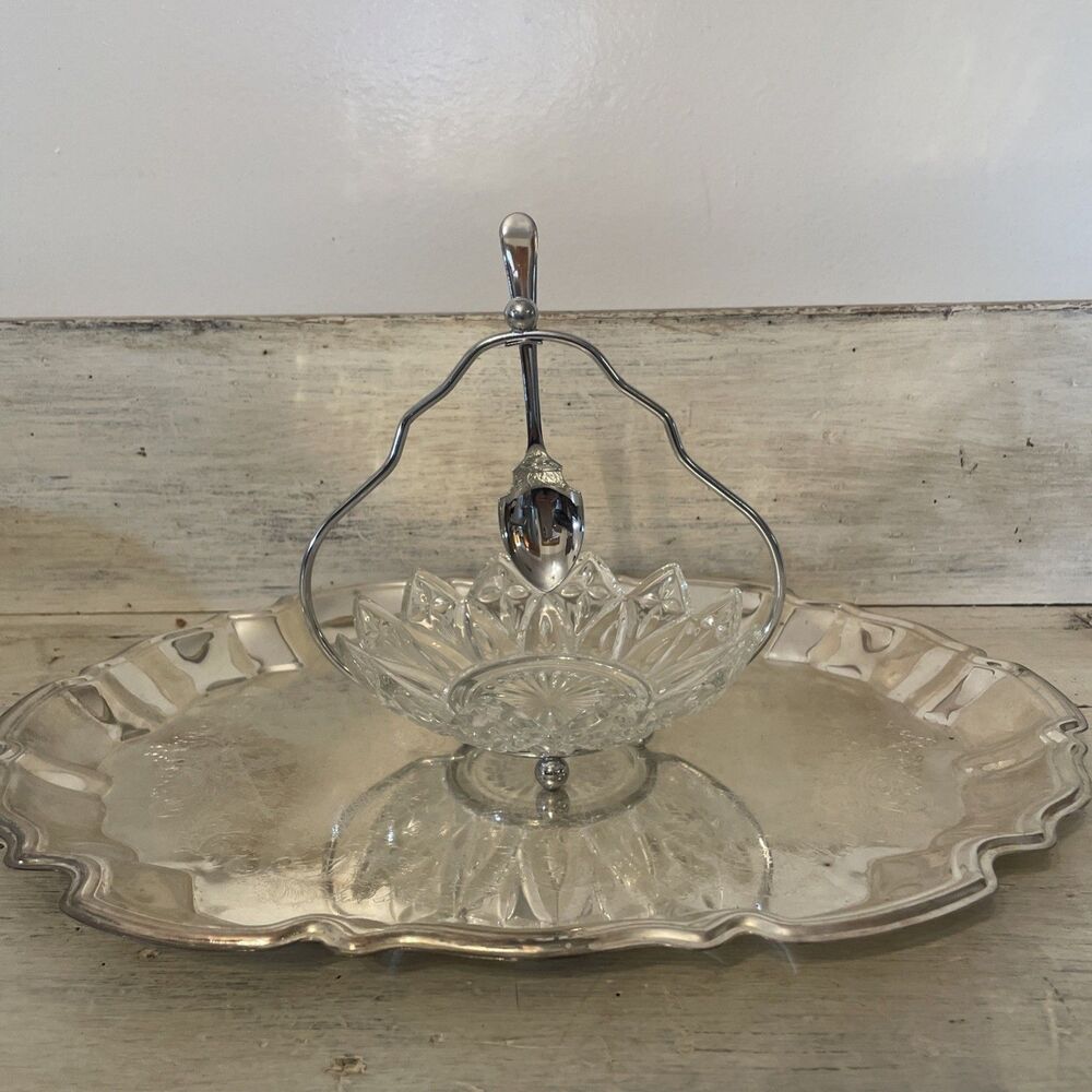 Vintage Glass Relish/ Candy Dish With Sheffield England Hanging Spoon Elegant
